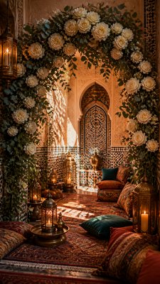 an arch of white roses and eucalyptus in soft morning light, elegant vertical composition with open space, no text