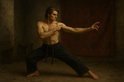 a painting of a man doing a karate pose