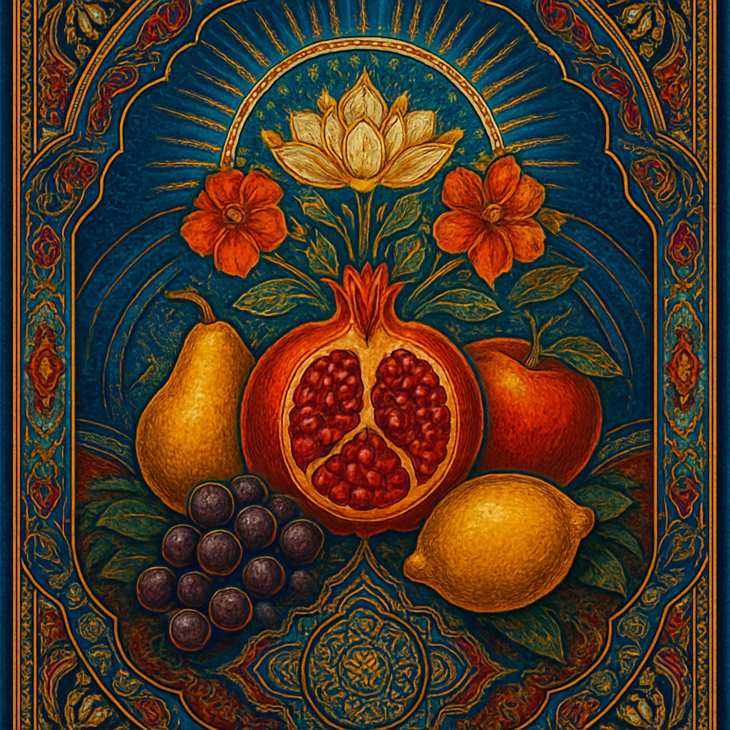 still life arrangement of fruits and flowers