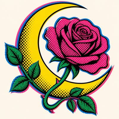 a rose entwined with a crescent moon, clean balanced composition on a plain background, no text