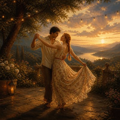 an original couple dancing under string lights in a garden at dusk: a man with short black hair in a linen shirt and a woman with braided red hair in a summer dress