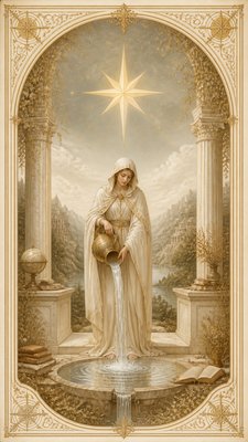 a robed figure pouring water beneath a large eight-pointed star in a night sky, symmetrical composition with an ornate decorative border, no text