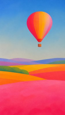 a hot air balloon drifting over rolling flower fields on a sunny day, cheerful, no text