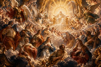 the saints in heaven around the throne of God  - and among the saints are Abraham, , Daniel the prophet, Martha, Mary, and Lazarus and  Mary of Magdala, the Archangels Michael, Gabriel, and Raphael. Andrew, Stephen, and many others as well