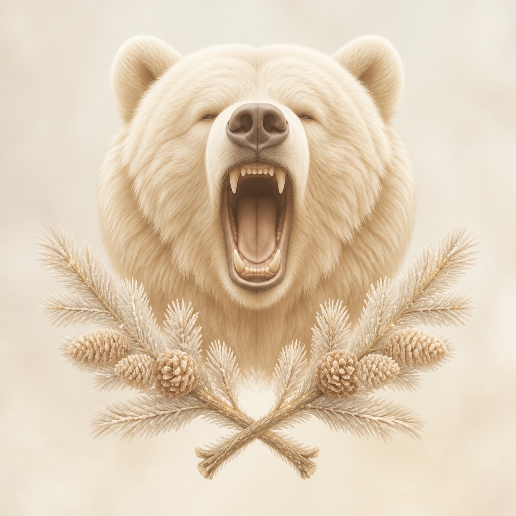 a roaring bear head above crossed pine branches, bold graphic composition on a plain background, no text