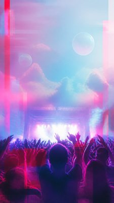 a live music scene with a glowing stage and silhouetted crowd, energetic vertical composition with open space at the top, no text