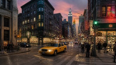 bustling city street panorama at dusk