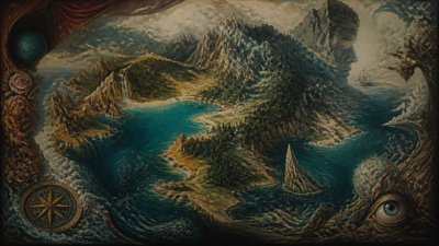 a map of an island realm with mountains, forests, a sheltered bay, sea monsters in the water and a compass rose, no text labels
