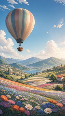 a hot air balloon drifting over rolling flower fields on a sunny day, cheerful, no text