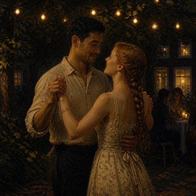an original couple dancing under string lights in a garden at dusk: a man with short black hair in a linen shirt and a woman with braided red hair in a summer dress