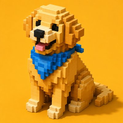 portrait of a golden retriever wearing a blue bandana, warm plain backdrop, no text