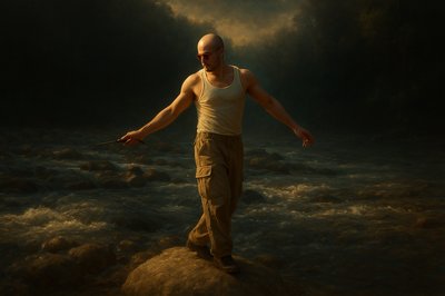 a man standing on top of a rock in the water