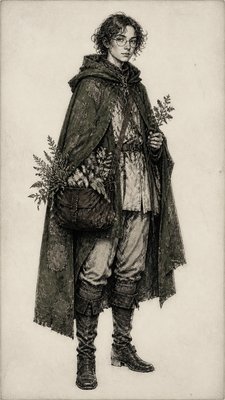full-body original character: a wandering botanist with a satchel of plants, a patched green cloak, tall boots and round glasses, neutral background