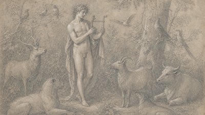 walking in the forest the ignudi Orpheus plays the lyre and charms the birds and animals