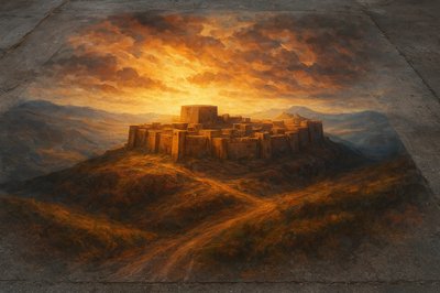 a painting of a castle on top of a hill