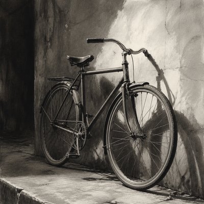 bicyle resting against a wall