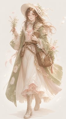 full-body original character: a wandering botanist with a satchel of plants, a patched green cloak, tall boots and round glasses, neutral background