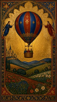 a hot air balloon drifting over rolling flower fields on a sunny day, cheerful, no text