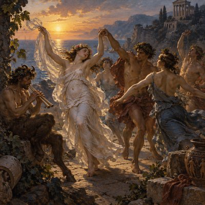 ancient greek maidens and athletes dance together near the sea while a faun plays a pipe musical instrument