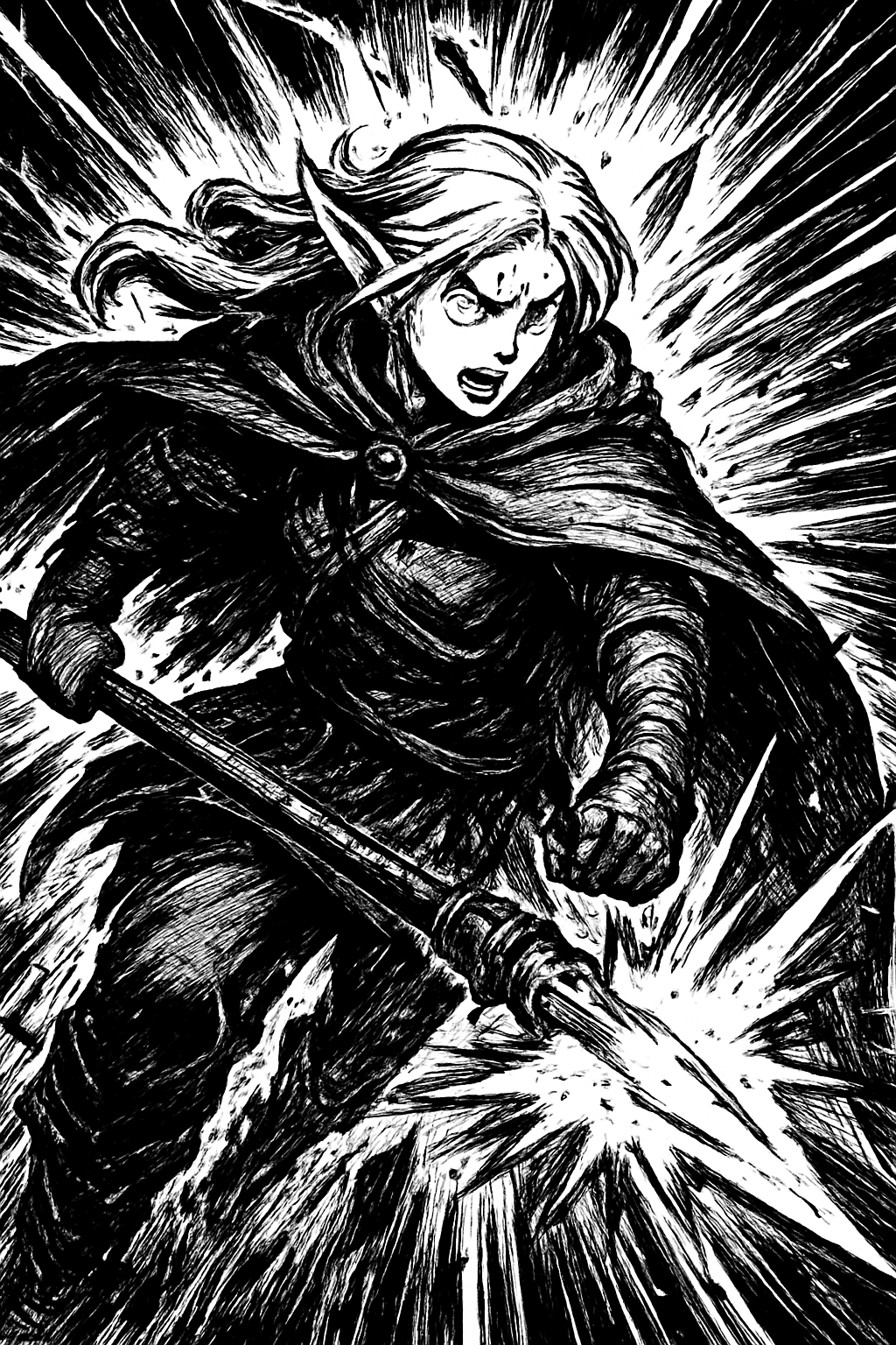 a black and white drawing of a woman with a sword