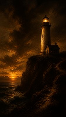 a lone lighthouse on a cliff at dusk under a dramatic sky, no text or lettering