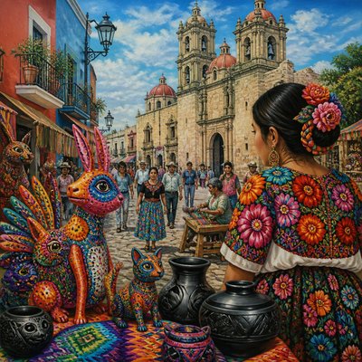 urban street with city activity — Oaxaca Art Style