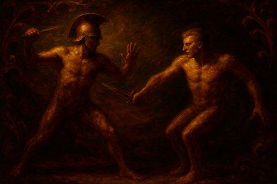 a painting of two men fighting with each other