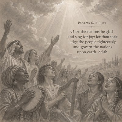 Psalms 67:4 (KJV)
O let the nations be glad and sing for joy: for thou shalt judge the people righteously, and govern the nations upon earth. Selah. (Do not use a globe to depict earth as this isn't scriptural. Perhaps a divine light from clouds of glory might best depict the LORD.) Please include the actual verse in the image 

