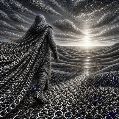 a solitary figure walking toward a glowing horizon across an empty plain, moody atmosphere, no text or lettering