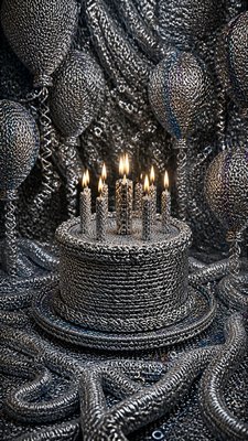 a birthday cake with lit candles surrounded by balloons and confetti, festive vertical composition, no text