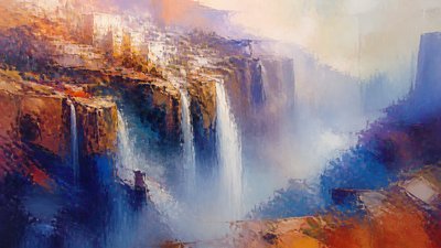 a cliffside city with waterfalls cascading into a misty canyon, wide establishing shot, no people, no text