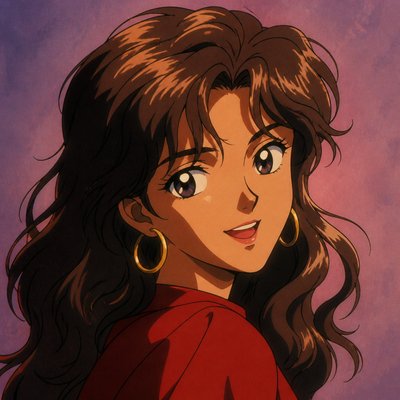 head-and-shoulders portrait of an original character: a young woman with wavy chestnut hair and a warm smile, plain soft backdrop