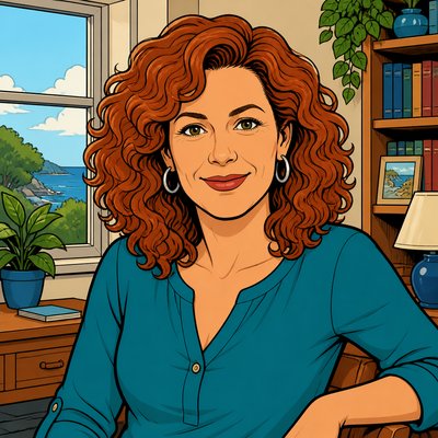 portrait of an original character: a middle-aged woman with curly auburn hair, hazel eyes, silver hoop earrings and a teal blouse