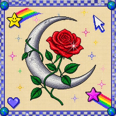 a rose entwined with a crescent moon, clean balanced composition on a plain background, no text