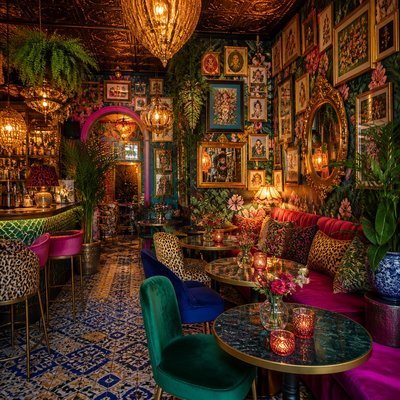 cozy cafe interior with warm lighting