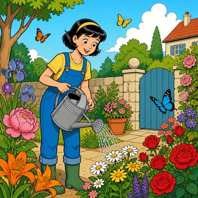 a garden scene with butterflies, flowers and a watering can, clean uncolored line art, no text