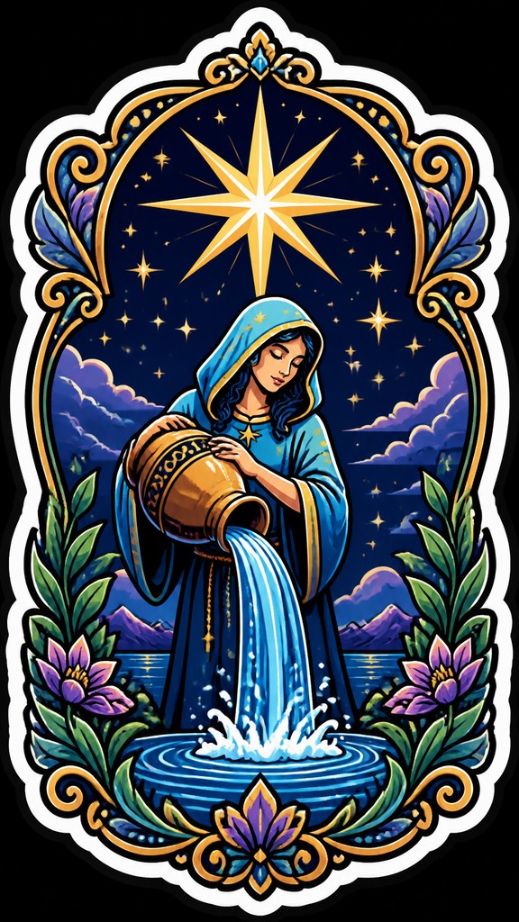 a robed figure pouring water beneath a large eight-pointed star in a night sky, symmetrical composition with an ornate decorative border, no text