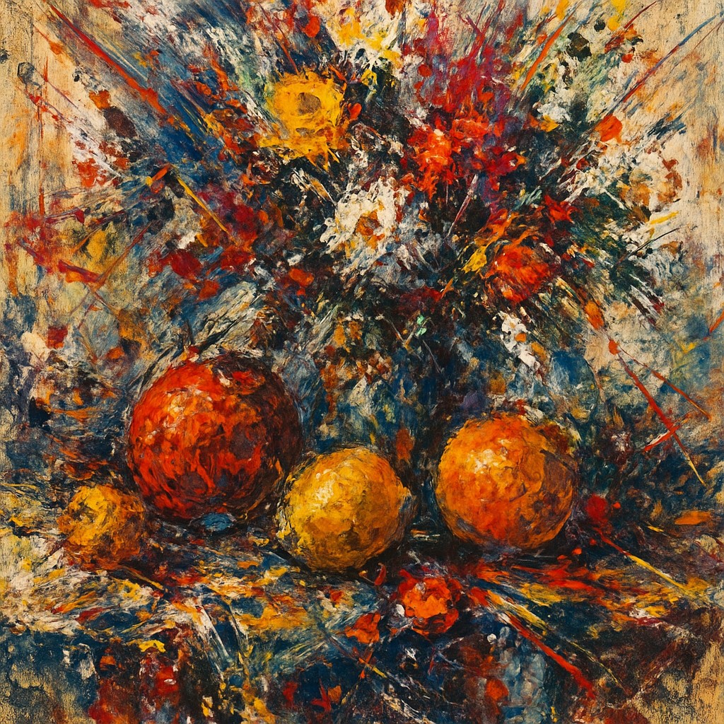 still life arrangement of fruits and flowers
