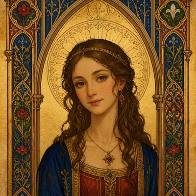 head-and-shoulders portrait of an original character: a young woman with wavy chestnut hair and a warm smile, plain soft backdrop