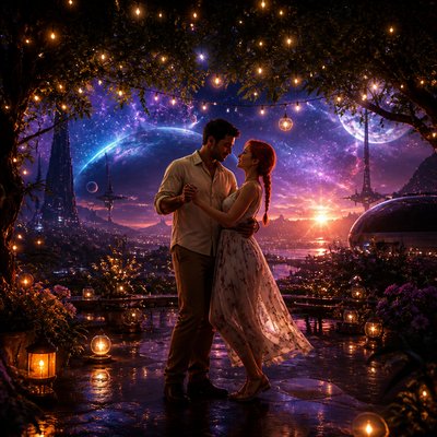 an original couple dancing under string lights in a garden at dusk: a man with short black hair in a linen shirt and a woman with braided red hair in a summer dress