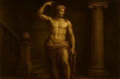 a painting of a man with no shirt on