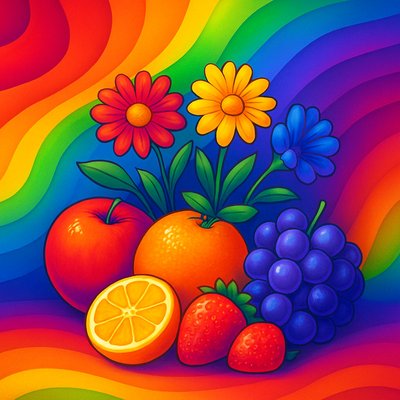 still life arrangement of fruits and flowers