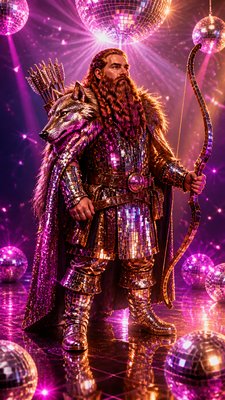 full-body original character: a dwarven ranger with a braided auburn beard, worn leather armor, a longbow and a wolf-pelt cloak, neutral background, no text