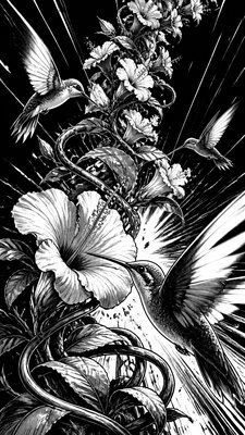 a climbing vine of flowers and hummingbirds on a dark background, tall wrapping composition, no text
