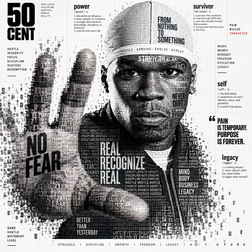 a man with a white hat and a hand with words all over it