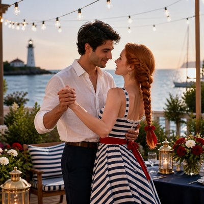 an original couple dancing under string lights in a garden at dusk: a man with short black hair in a linen shirt and a woman with braided red hair in a summer dress