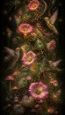 a climbing vine of flowers and hummingbirds on a dark background, tall wrapping composition, no text