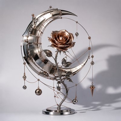 a rose entwined with a crescent moon, clean balanced composition on a plain background, no text