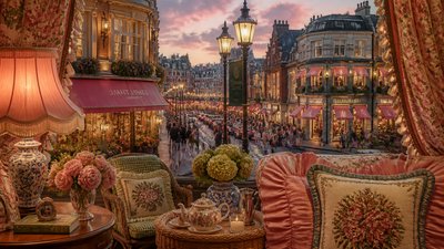 bustling city street panorama at dusk