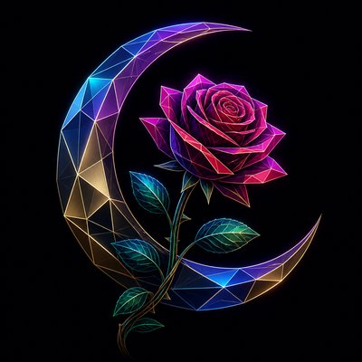 a rose entwined with a crescent moon, clean balanced composition on a plain background, no text